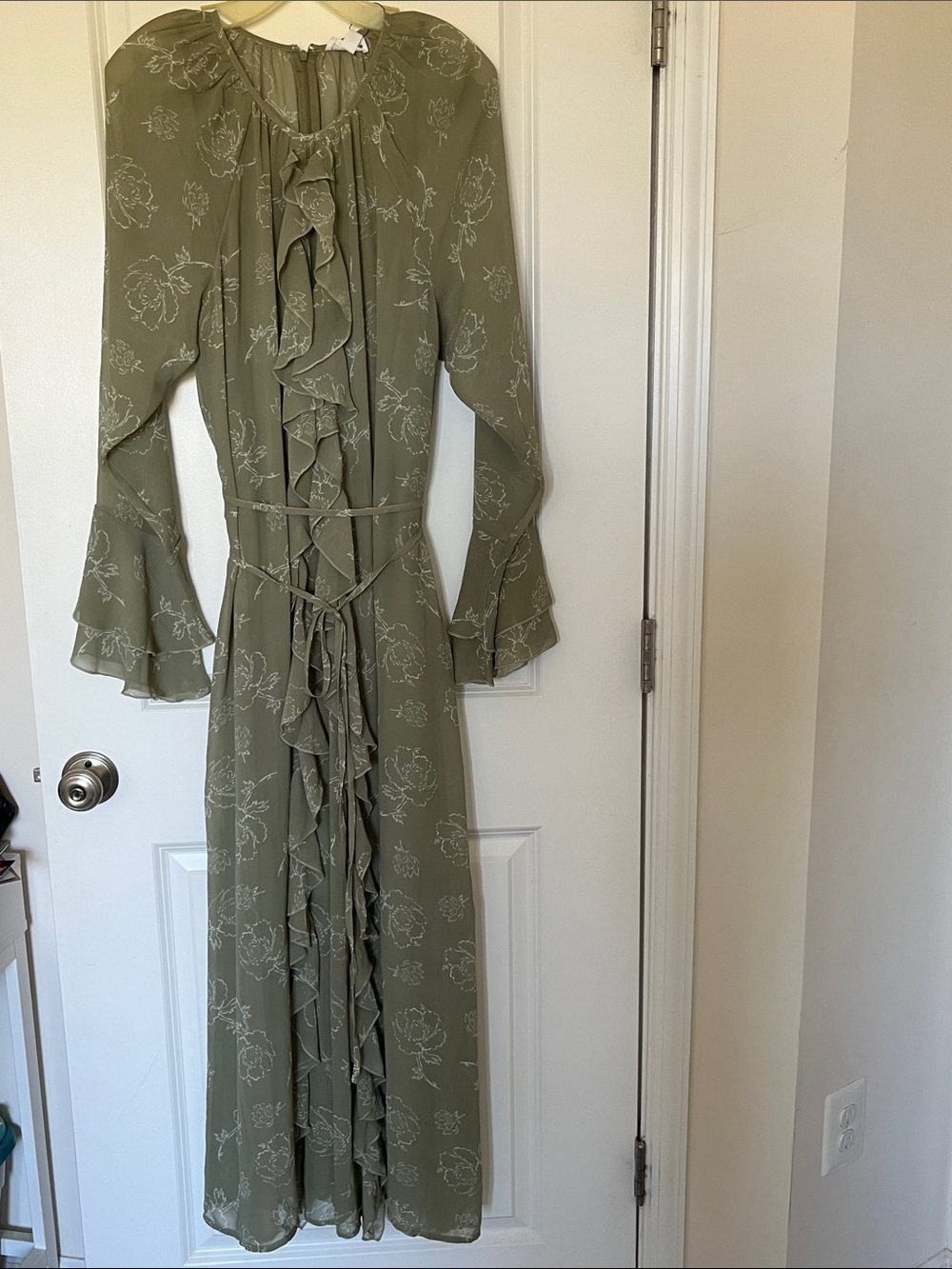 The Drop - Olive Green Ruffle Maxi Dress - Elegant Floral Tie-Waist